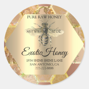 Sticker Rond Honey Jar Honeybee Honeypeb Bee Apia Rose Or