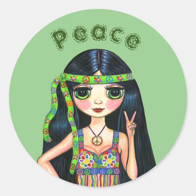 Sticker Rond Honneur psychédélique hippie chick de la paix 1960 (Devant)