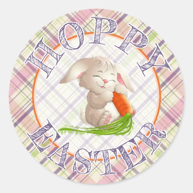Sticker Rond Hoppy Joyeux Lapin De Pâques Grandes Et Motif Plai (Devant)