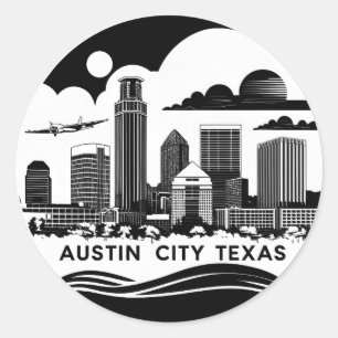 Sticker Rond Horizon Rétro Noir & Blanc de la Ville d'Austin Te