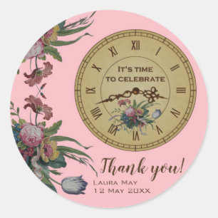 Sticker Rond Horloge vintage aux fleurs Fête d'anniversaire