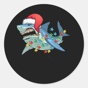 Sticker Rond Horreur Requin affamé Santa Chapeau Noël lumières