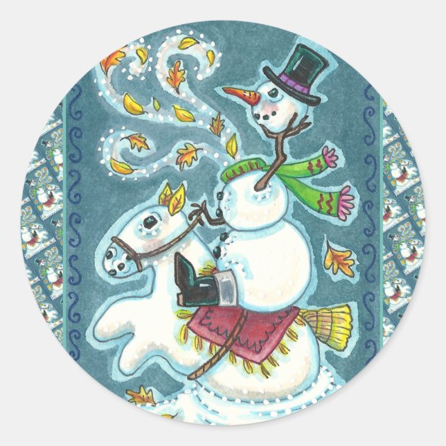 STICKER ROND HORSEMAN SNOWMAN SANS TÊTE, HUMOUR XMAS HALLOWEEN, (Devant)