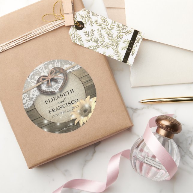 Sticker Rond Horseshot Heart Lace Sunflower Wood Wedding shower (Cadeaux)