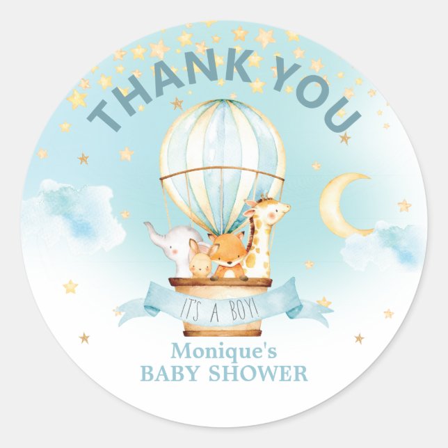 Sticker Rond Hot Air Balloon Animaux Baby shower Merci Faveurs (Devant)