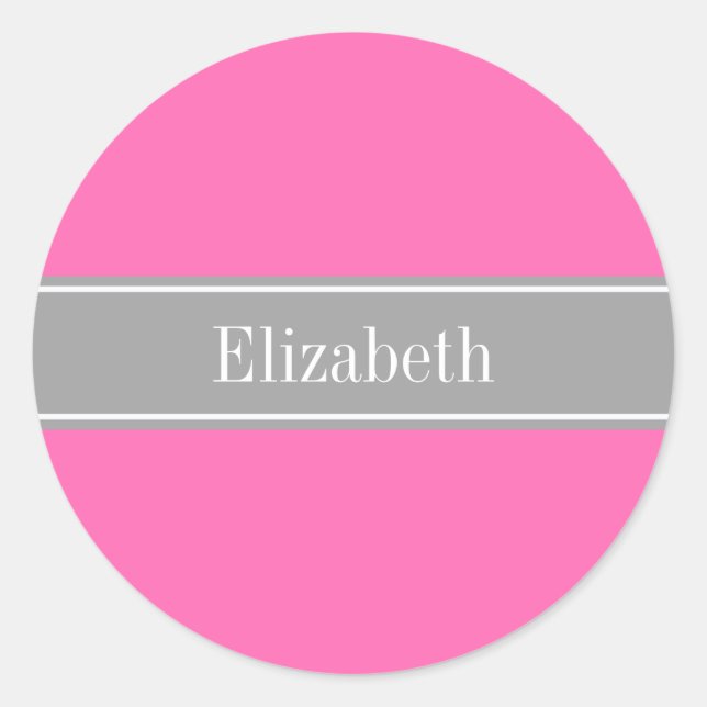 Sticker Rond Hot Pink #2, Dark Gray Ribbon Nom Monogram (Devant)