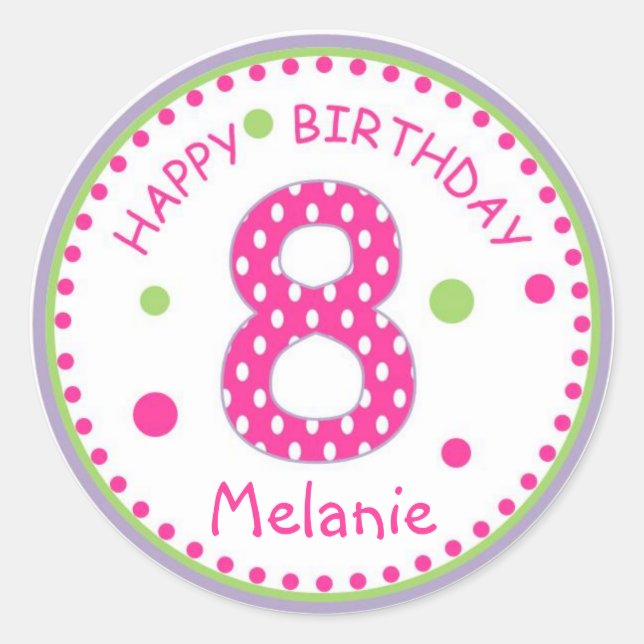 Sticker Rond Hot Pink Polka Dot Happy Birthday Number 8 (Devant)