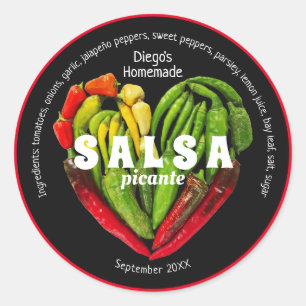 Sticker Rond Hot red green chili pepper heart black food label