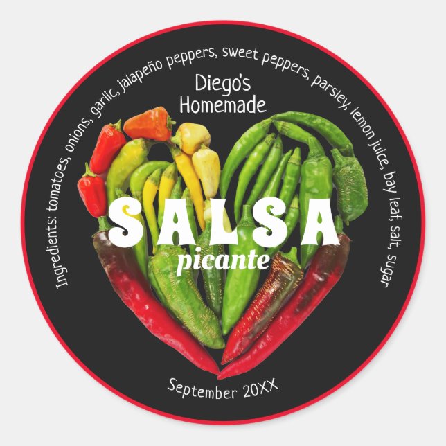 Sticker Rond Hot red green chili pepper heart black food label (Devant)