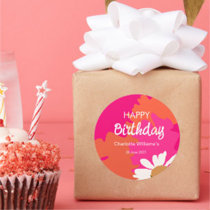 Sticker Rond Hot rose et orange Floral Bonne fête d'anniversair