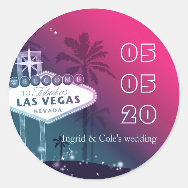 Sticker Rond Hot rose Las Vegas Mariage Enregistrer la date (Devant)