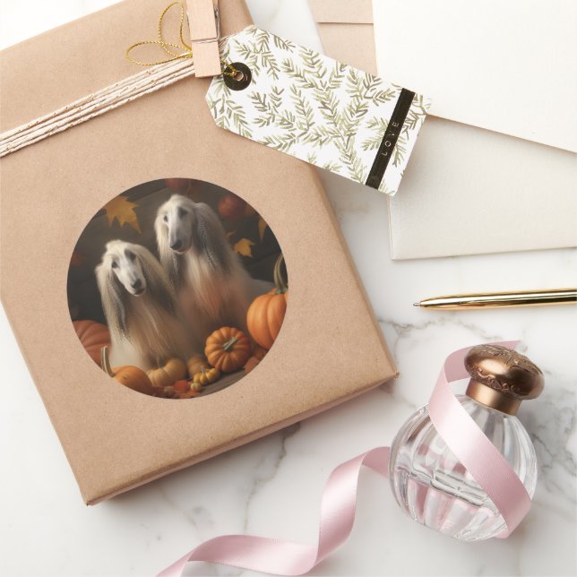 Sticker Rond hound afghan Chiot Automne Citrouille de plaisir (Cadeaux)