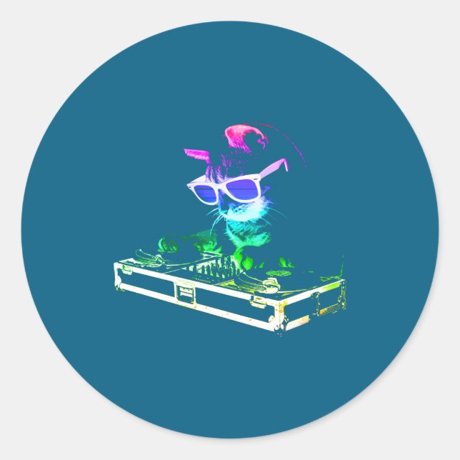 Sticker Rond House Cat Rainbow Dj Cat  (Devant)