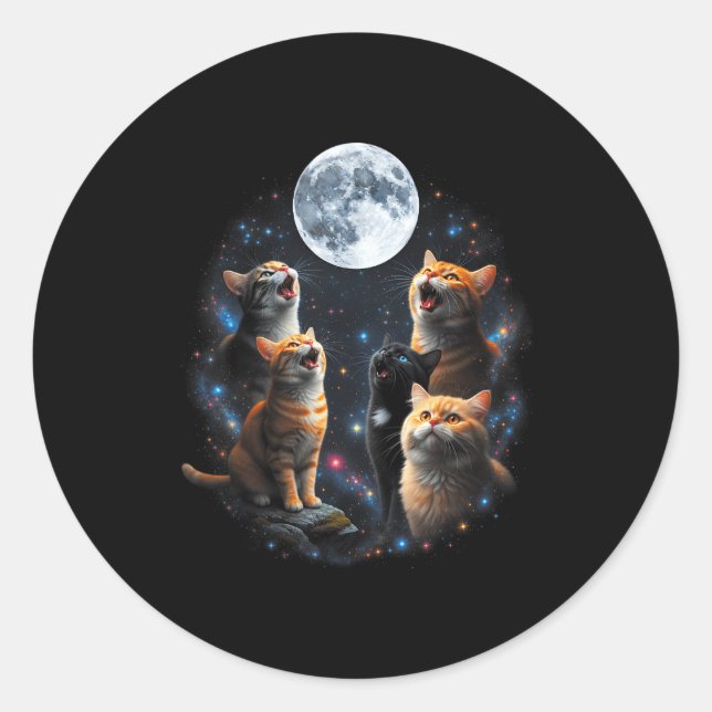 Sticker Rond Howling Cats Full Moon Starry Sky Galaxy Cosmic An (Devant)