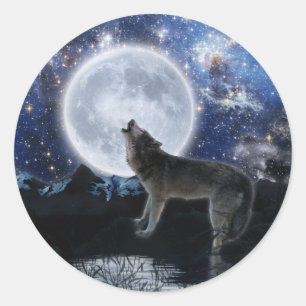 Sticker Rond Howling Grey Wolf & Moon