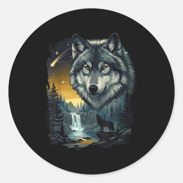 Sticker Rond Howling Wolf Waterfall Scene For Nature Lovers And (Devant)