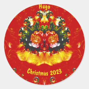 Sticker Rond HUGO ~ NOËL Rouge Vert Jaune Fractale ~