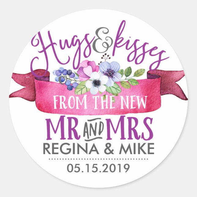 Sticker Rond Hugs Baisers Du Nouveau M. Mme Flower Mariage (Devant)