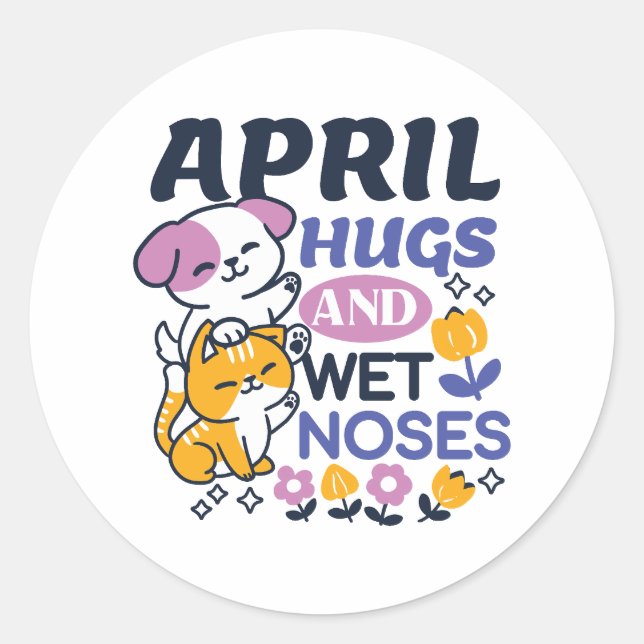 Sticker Rond Hugs d'avril et nez mouillé - Cute chien et chat a (Devant)