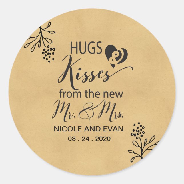 Sticker Rond Hugs & Kisses from The New Mr and Mrs Mariage (Devant)