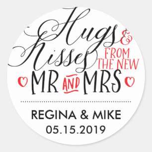 Sticker Rond Hugs Kisses New Mr Mme Hand Lettering Calligraphy