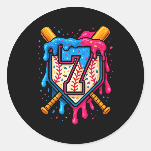 Sticker Rond Hugvyn 7th Birthday Baseball Ice Cream Drip Number (Devant)
