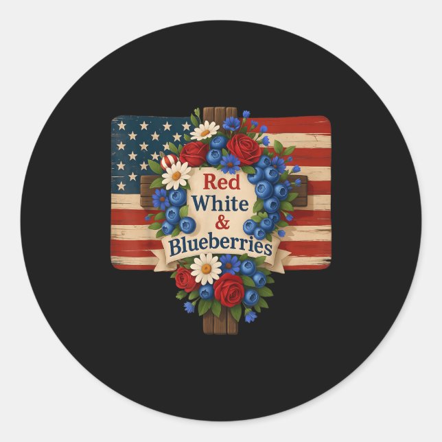 Sticker Rond Hugvyn God Bless Blueberries America Floral Patrio (Devant)