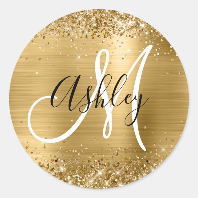 Sticker Rond Huile d'or Glitter Monogramme noir et blanc (Devant)