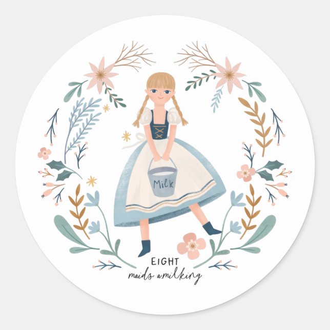 Sticker Rond Huit employées de maison traite 12 jours de Noël F (Devant)