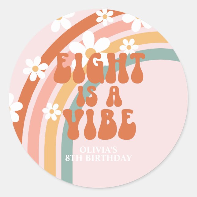 Sticker Rond Huit est Vibe Retro arc-en-ciel 8e anniversaire (Devant)