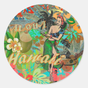 Sticker Rond Hula Vintage Floral Graphisme Floral Hawaii