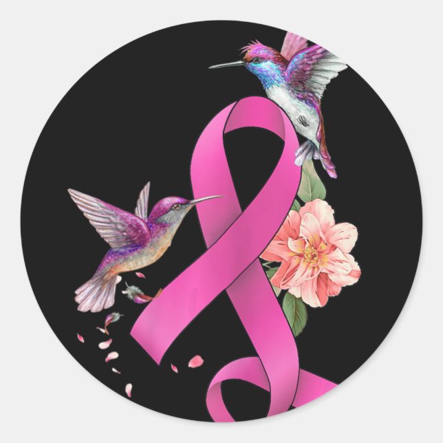 Sticker Rond Hummingbird Flower rose Ruban Cancer du sein Aware (Devant)