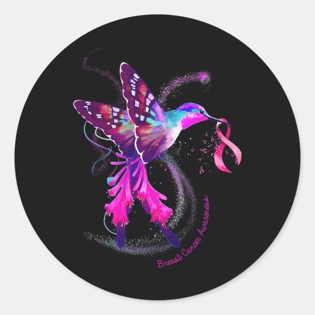Sticker Rond Hummingbird Hold Pink Ribbon Cancer de la poitrine (Devant)