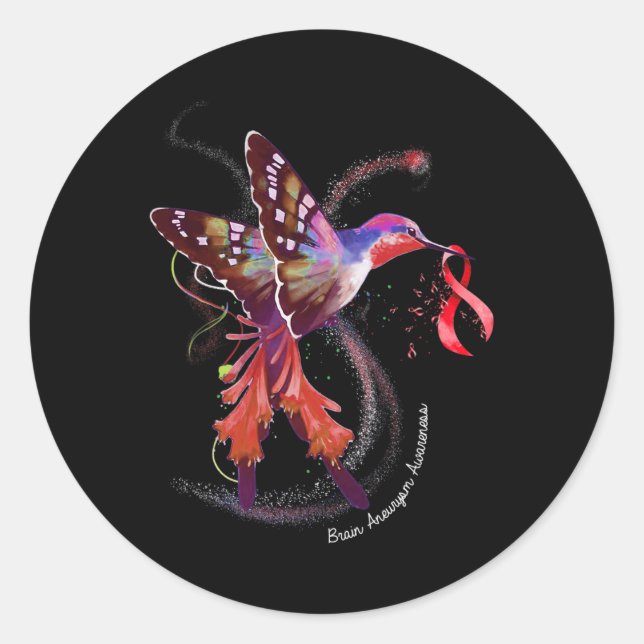 Sticker Rond Hummingbird Holding Burgundy Ribbon Cerveau Aneury (Devant)
