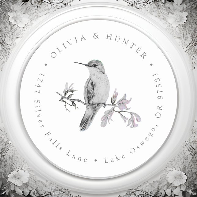 Sticker Rond Hummingbird Mariage Couple Names Adresse de retour (Créateur téléchargé)