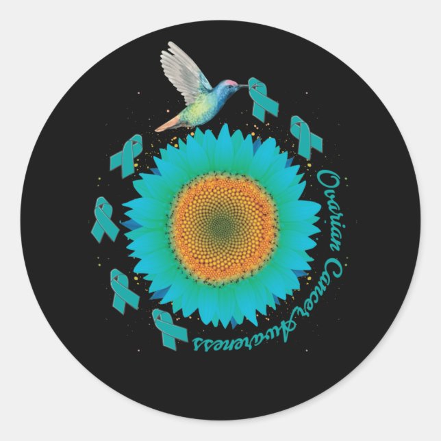 Sticker Rond Hummingbird Sunflower Teal Ribbon Ovarian Cancer (Devant)