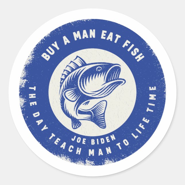 Sticker Rond Humour Acheter Un Homme Mange Du Poisson Le Jour A (Devant)