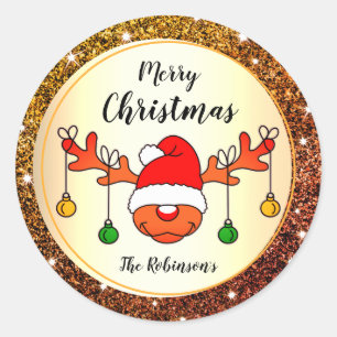Sticker Rond Humour Noël Funny mignon Reindeer Parties scintill