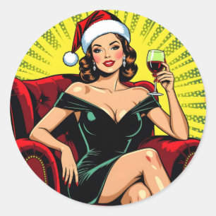 Sticker Rond Humour sur le vin Art Pop Rétro Noël