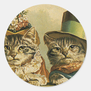 Sticker Rond Humour vintage, Chats de mariée victorienne en Cas