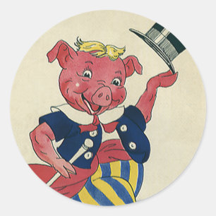 Sticker Rond Humour Vintage, Cochon Dansant Mignon Heureux