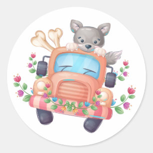 Sticker Rond hurler avec Joy Cute Grey Wolf