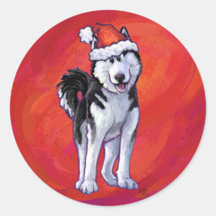 Sticker Rond Husky à Santa Hat Sur Rouge