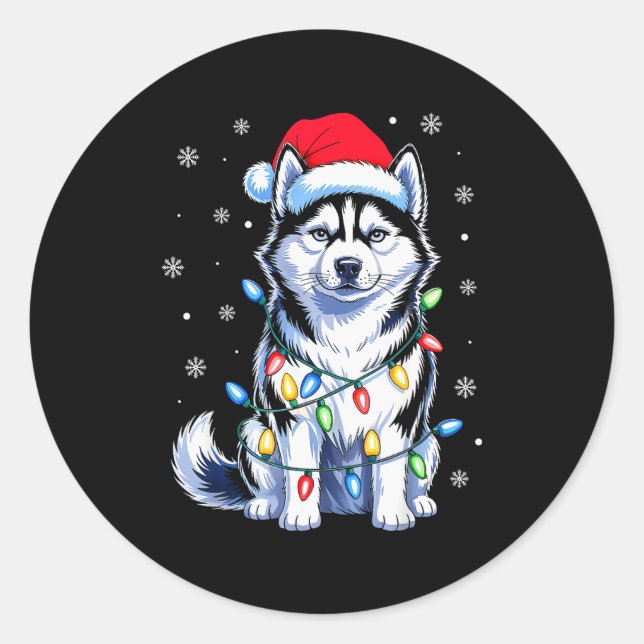 Sticker Rond Husky Dog Christmas Lights Santa Hat Family Xmas P (Devant)