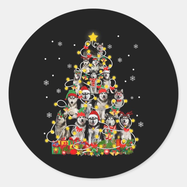 Sticker Rond Husky | Funny Sibérien Husky Santa Hat Noël (Devant)