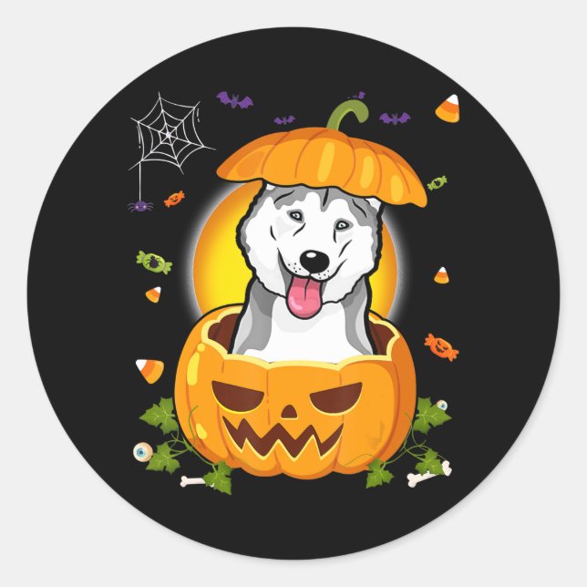 Sticker Rond Husky Gift | Halloween Chien sorcier Citrouille Hu (Devant)