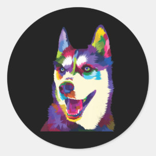 Sticker Rond Husky Sibérie Husky Coloré Chien Pop Style Art