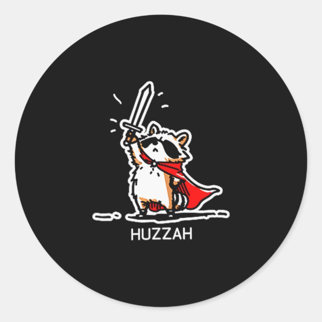 Sticker Rond Huzzah Raccoon Knight Funny Sword Meme Quote  (Devant)