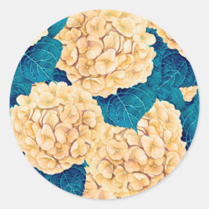 Sticker Rond Hydrangea aquarelle motif, jaune et bleu