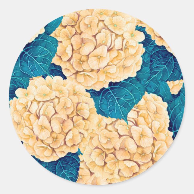 Sticker Rond Hydrangea aquarelle motif, jaune et bleu (Devant)
